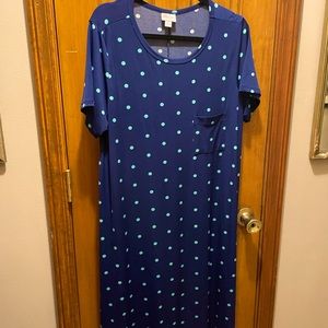 Lularoe “Carly” dress size L/ High-Low silhouette/ pockets! Navy with polka dots